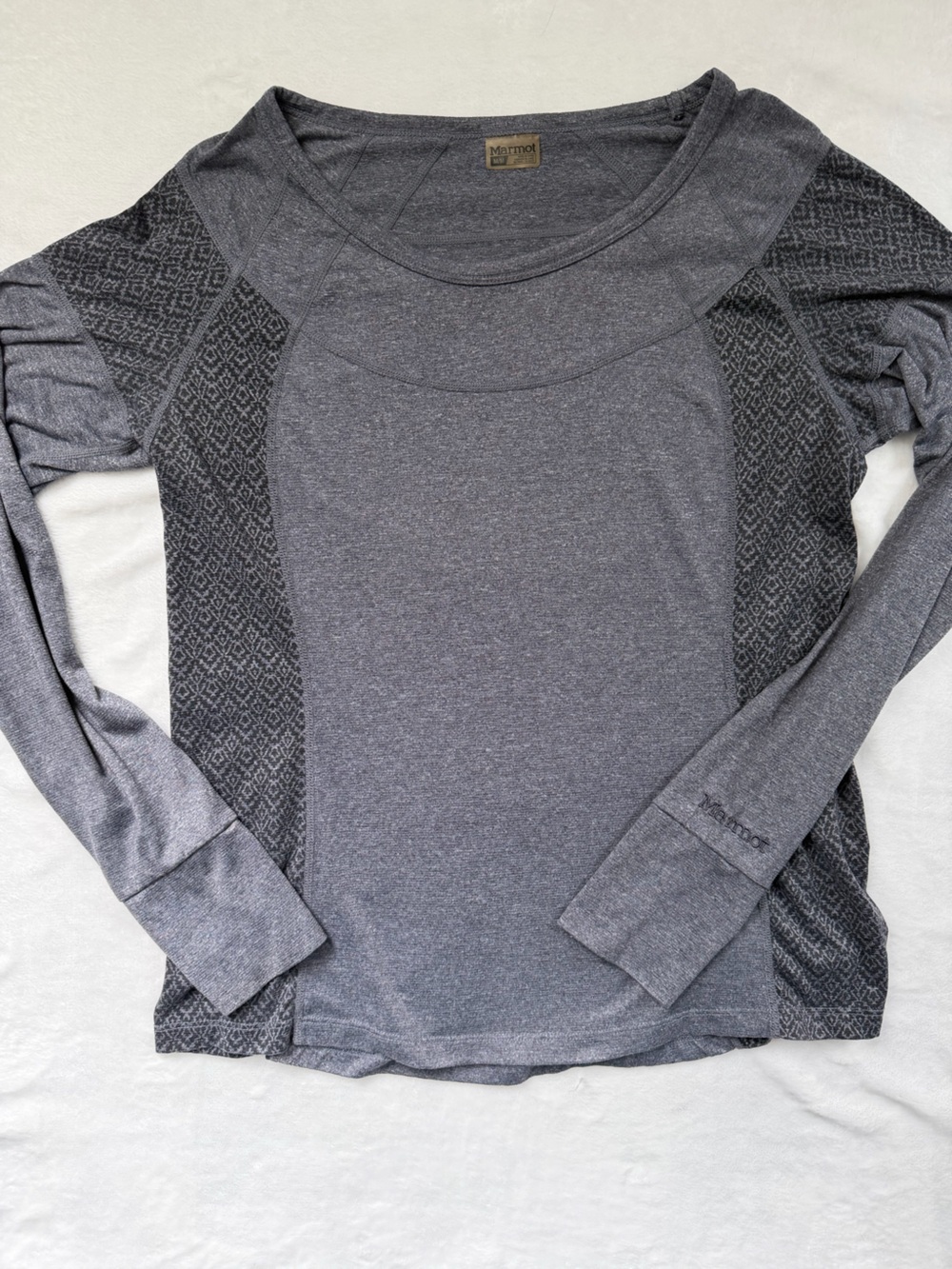 Marmot Women's Heather Charcoal Gray Long Sleeve Crew with Patterned Side Panels
